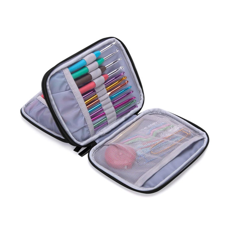 Damero Crochet Hook Case, Organizer Zipper Bag with Web Pockets for Various Crochet Needles and Knitting Accessories, Well Made and Easy to Carry, Medium, Gray Dots (No Accessories Included) - Image 2